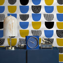 Abstract Wallpaper with U-Shaped Motifs in Blue, Yellow, and Black - B366