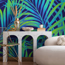 Tropical Wallpaper with Neon Palm Leaves in Blue and Green - B378