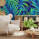 Tropical Wallpaper with Neon Palm Leaves in Blue and Green - B378