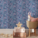 Paisley Wallpaper with Intricate Florals in Navy Blue, Pink, and Teal - B382