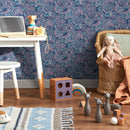 Paisley Wallpaper with Intricate Florals in Navy Blue, Pink, and Teal - B382