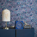 Paisley Wallpaper with Intricate Florals in Navy Blue, Pink, and Teal - B382