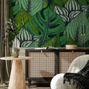 Botanical Wallpaper with a Lush Tropical Leaf Sketch in Green and Black - B390