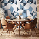 Geometric Wallpaper with a Watercolor Circle Motif in Shades of Blue - B091