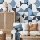 Geometric Wallpaper with a Watercolor Circle Motif in Shades of Blue - B091