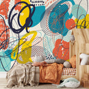 Abstract Wallpaper with Energetic Scribbles in Teal, Orange, and Yellow - B094