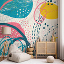 Abstract Wallpaper with a Playful Collage of Shapes in Teal, Pink, and Yellow - B095