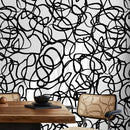 Modern Abstract Wallpaper with Bold Scribbles and Loops in Black and White - X081