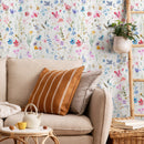 Floral Wallpaper featuring Delicate Watercolor Blooms in Pink, Blue, and Purple - B383