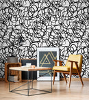 Modern Abstract Wallpaper with Bold Scribbles and Loops in Black and White - X081