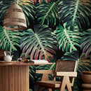 Botanical Wallpaper with Oversized Monstera Leaves in Green and Pink - B116