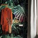 Botanical Wallpaper with Oversized Monstera Leaves in Green and Pink - B116