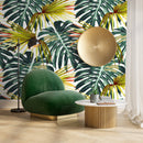 Tropical Wallpaper Featuring Monstera and Palm Leaves in Green, Yellow, and Red - B117