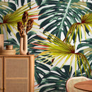 Tropical Wallpaper Featuring Monstera and Palm Leaves in Green, Yellow, and Red - B117