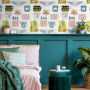 Folk Wallpaper featuring Whimsical Kitchenware in Teal, Pink, and Green - B328