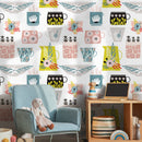 Folk Wallpaper featuring Whimsical Kitchenware in Teal, Pink, and Green - B328