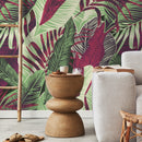 Tropical Wallpaper with Bold Jungle Leaves in Red, Green, and Purple - B132