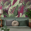 Tropical Wallpaper with Bold Jungle Leaves in Red, Green, and Purple - B132