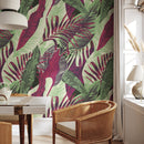 Tropical Wallpaper with Bold Jungle Leaves in Red, Green, and Purple - B132