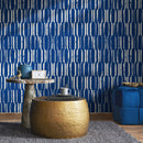 Geometric Wallpaper with a Distressed Column Motif in Blue and White - B408
