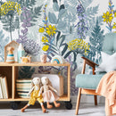Botanical Wallpaper with Ferns and Wildflowers in Green, Yellow, and Purple - B416