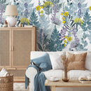 Botanical Wallpaper with Ferns and Wildflowers in Green, Yellow, and Purple - B416