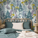 Botanical Wallpaper with Ferns and Wildflowers in Green, Yellow, and Purple - B416