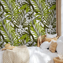 Tropical Wallpaper with Palm Leaves and Hibiscus Flowers in Green and White - B420