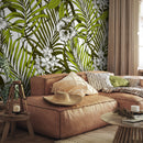 Tropical Wallpaper with Palm Leaves and Hibiscus Flowers in Green and White - B420