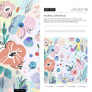 Abstract Wallpaper with a Collage of Flowers and Shapes in Pink, Blue, and Purple - B176