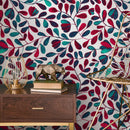 Botanical Wallpaper with Stylized Vines in Red and Teal - B430