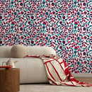 Botanical Wallpaper with Stylized Vines in Red and Teal - B430