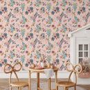 Floral Wallpaper with Butterflies and Dragonflies in Pink, Teal, and Gold - B512