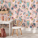 Floral Wallpaper with Butterflies and Dragonflies in Pink, Teal, and Gold - B512