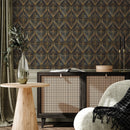 Abstract Intricate Fan Wallpaper – Geometric Motif in Black and Yellow Gold Effect - B520