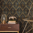 Abstract Intricate Fan Wallpaper – Geometric Motif in Black and Yellow Gold Effect - B520
