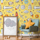 Kids Wallpaper with a Doodle Spaceship Motif in Yellow, Blue, and Orange - B539