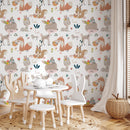 Animal Wallpaper with Floral Woodland Creatures in Brown, Pink, and Teal - B547