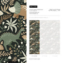 Dinosaur Wallpaper with Botanical Elements in Green, Brown, and Cream - D481