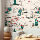 Desert Wallpaper with an Illustrated Cactus Scene in Green, Red, and Black - B428