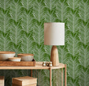 Botanical Wallpaper Featuring a Graphic Palm Frond Design in Green and White - B596
