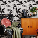 Botanical Wallpaper with a Modern Leaf Trellis in Black and White - B683