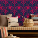 Classic Damask Wallpaper in Magenta and Navy Blue - B685