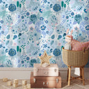 Botanical Wallpaper with a Whimsical Floral Meadow in Blue, Pink, and Green - B697