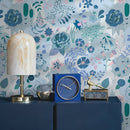 Botanical Wallpaper with a Whimsical Floral Meadow in Blue, Pink, and Green - B697