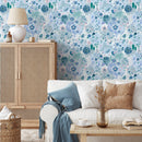 Botanical Wallpaper with a Whimsical Floral Meadow in Blue, Pink, and Green - B697
