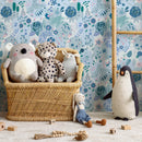 Botanical Wallpaper with a Whimsical Floral Meadow in Blue, Pink, and Green - B697