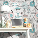 Kids Wallpaper with Whimsical Flowers and Dragonflies in Pink, Teal, and Black - B815