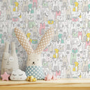 Kids Wallpaper Featuring Whimsical Cats and Dogs in Pink, Mint, and Yellow - B899