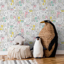 Kids Wallpaper Featuring Whimsical Cats and Dogs in Pink, Mint, and Yellow - B899